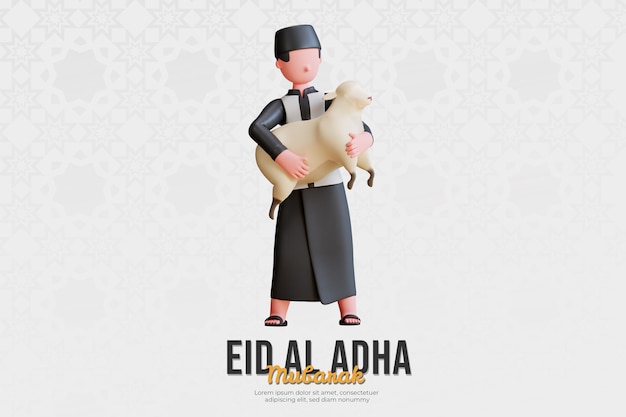 Personnage 3d Homme Musulman Tenant Des Moutons Pour Célébrer L'aïd Al Adha Mubarak