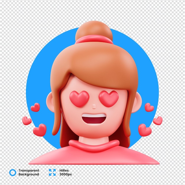 Personnage 3D avec des yeux de cœur sur un fond transparent