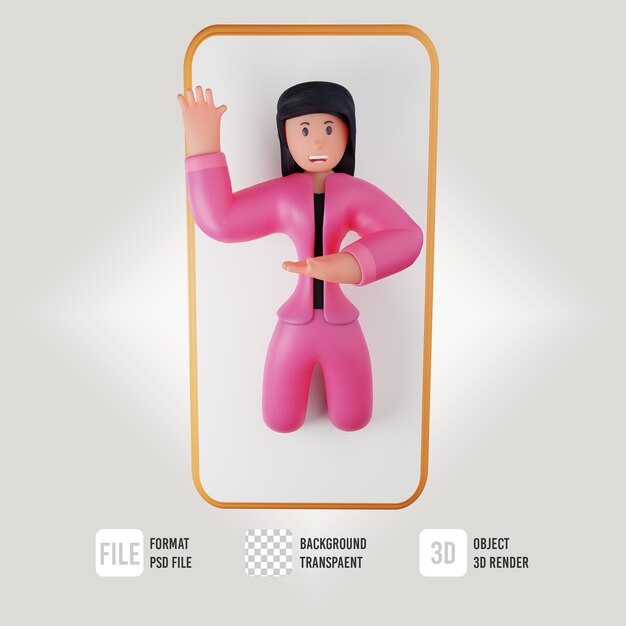 Personnage D'affaires Féminin 3d Expliquant Quelque Chose Avec L'icône Du Téléphone Portable