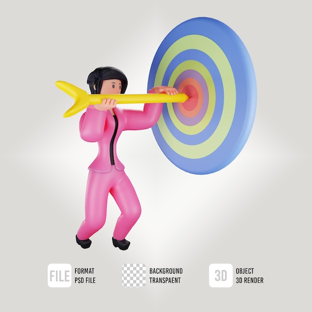 Personnage d'affaires féminin 3d avec icône cible