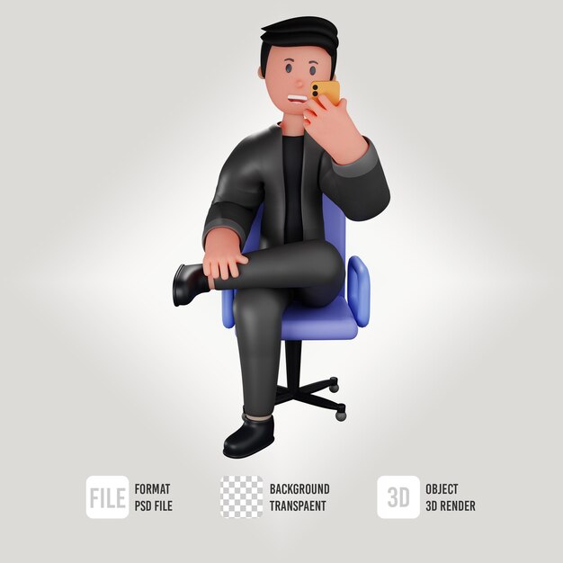 Personnage D'affaires Masculin 3d Assis Sur La Chaise Jouant Du Handphone