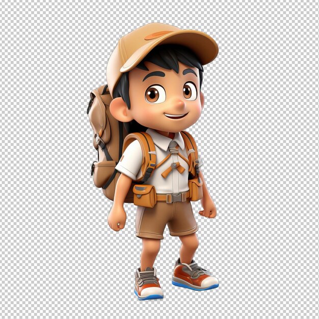 PSD personnage asiatique en randonnée 3d style dessin animé iso d'arrière-plan transparent