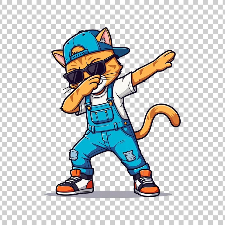 PSD un personnage de chat en combinaison et une casquette sur un fond transparent