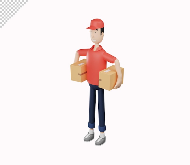 Personnage de courrier 3d tenant deux boîtes en carton sur fond blanc illustration de rendu 3d