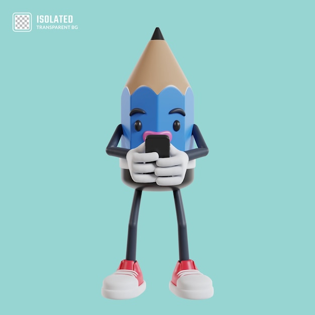 Personnage De Crayon De Dessin Animé 3d Tapant Un Message Sur Le Smartphone