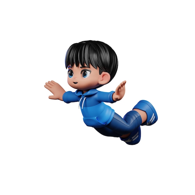 Personnage de dessin animé en 3D avec une chemise bleue et un pantalon bleu en pose volante