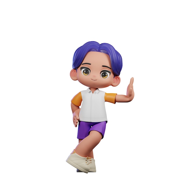 Personnage de dessin animé en 3D avec des cheveux violets faisant une pose cool