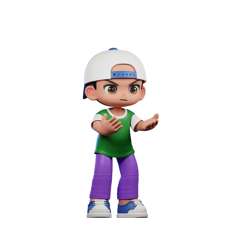 PSD personnage de dessin animé en 3d d'un garçon en chemise verte et pantalon violet pose en colère