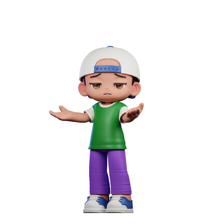 PSD personnage de dessin animé en 3d d'un garçon avec une chemise verte et un pantalon violet pose confus