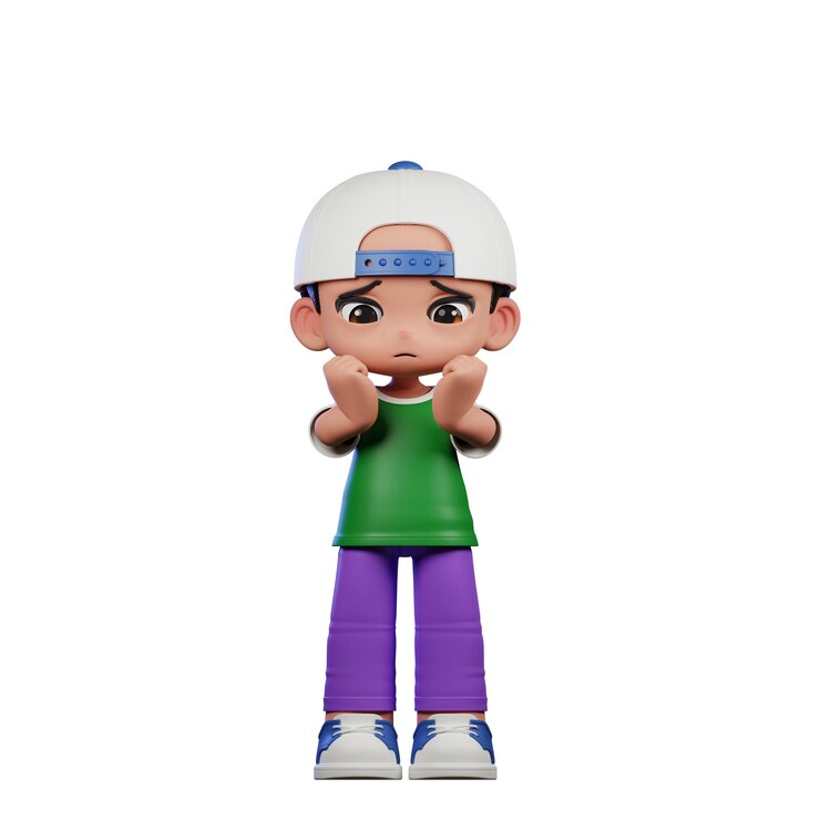 PSD personnage de dessin animé en 3d d'un garçon avec une chemise verte et un pantalon violet pose inquiet