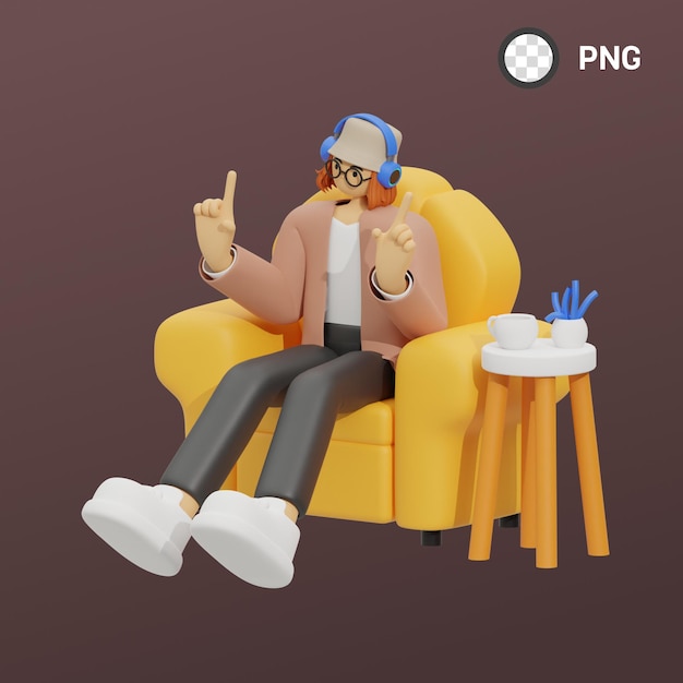 PSD un personnage de dessin animé avec un casque et une tasse de café est assis sur une chaise.