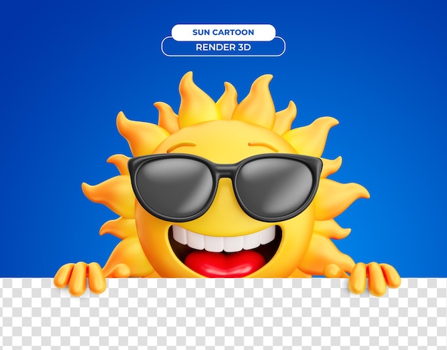 Personnage de dessin animé du soleil souriant avec des lunettes de soleil tenant un panneau sur un fond transparent en rendu 3D