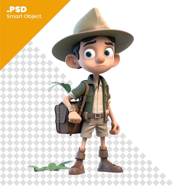 PSD personnage de dessin animé d'explorateur de safari avec sac à dos et jumelles modèle psd
