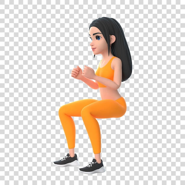 Personnage de dessin animé femme en vêtements de sport faisant des squats isolés sur fond blanc rendu 3D