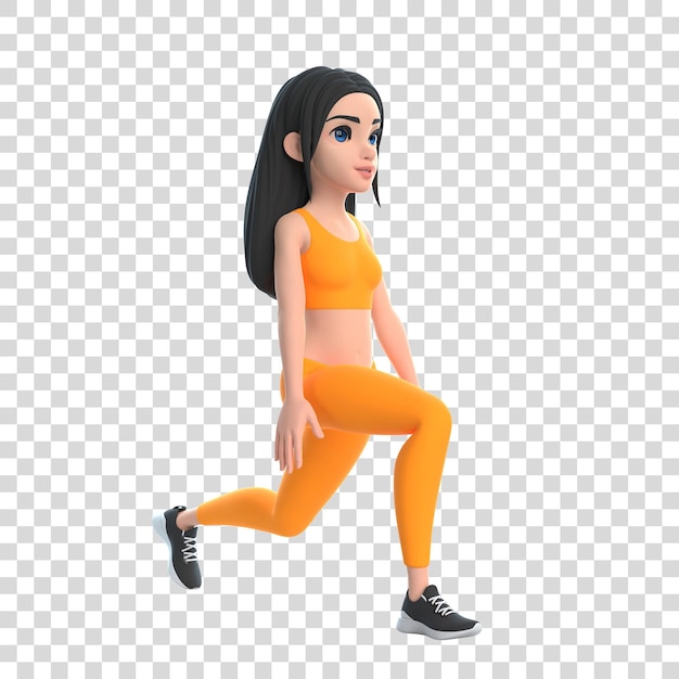 Personnage de dessin animé femme en vêtements de sport faisant des squats isolés sur fond blanc rendu 3D