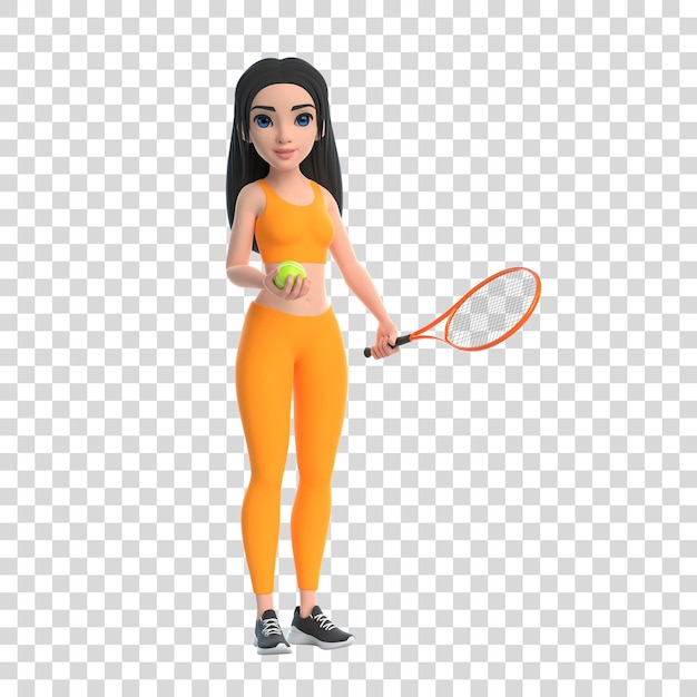 Personnage de dessin animé femme en vêtements de sport jouant au tennis isolé sur fond blanc rendu 3D