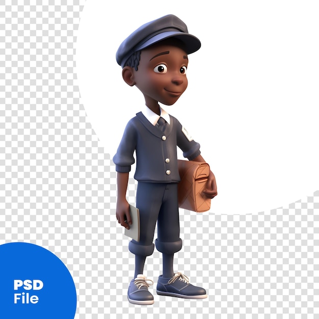 Personnage de dessin animé d'un garçon avec un sac et un modèle PSD de rendu 3D de casquette