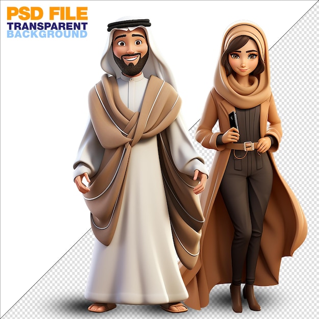 PSD personnage de dessin animé homme et femme arabe sur fond transparent