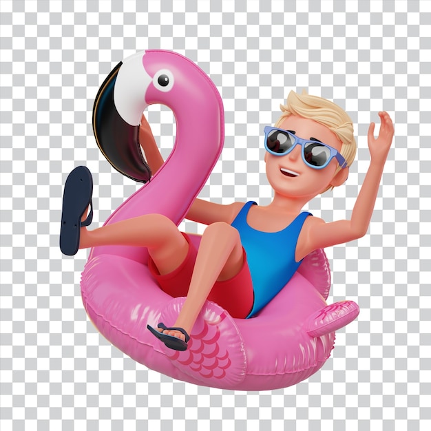 Personnage De Dessin Animé D'illustration 3d D'un Homme Mignon Heureux Sur Un Flamant Rose Gonflable Pendant Ses Vacances D'été