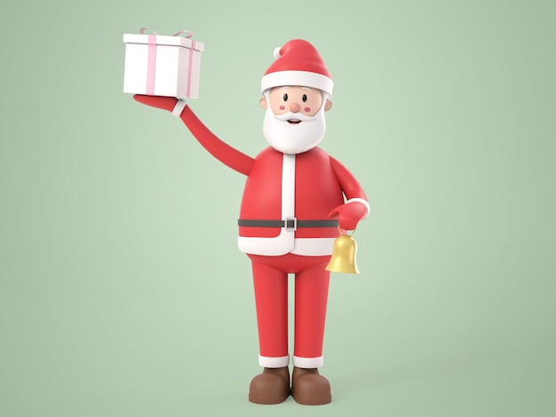 Personnage De Dessin Animé D'illustration 3d Père Noël Avec Un Cadeau Et Une Cloche Dorée. Blanc Isolé. Le Rendu
