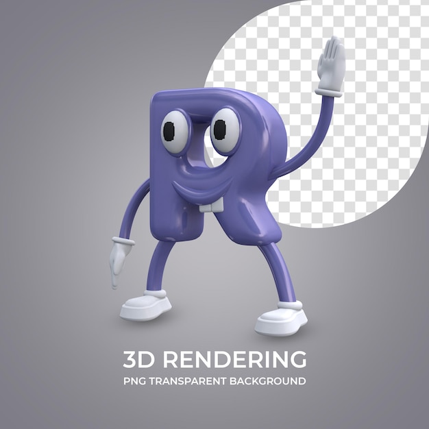 Personnage de dessin animé Lettre R rendu 3d fond transparent isolé