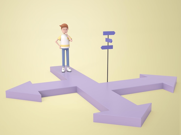 PSD personnage de dessin animé masculin 3d debout pensant et choisissant un chemin
