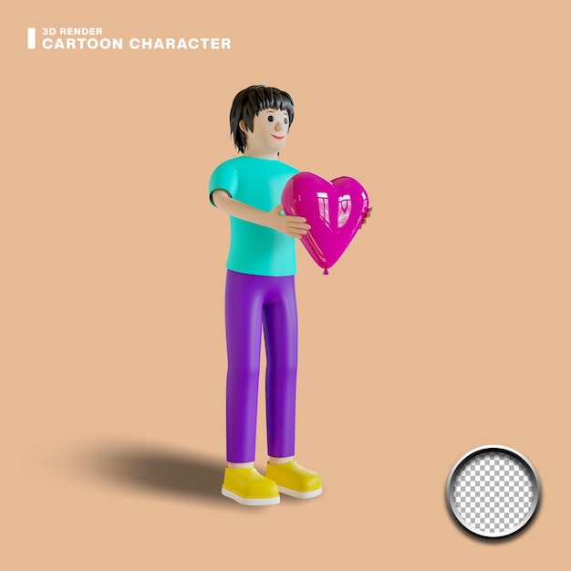 Personnage de dessin animé masculin 3d tenant un coeur ou un ballon d'amour