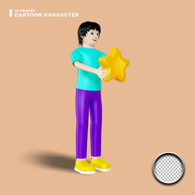 personnage de dessin animé masculin 3d tenant une étoile d'or