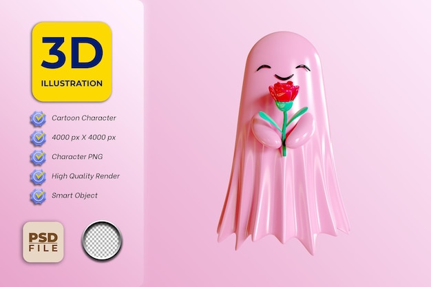 Personnage de dessin animé mignon fantôme rose avec visage souriant et tenant le rendu 3d de fleur