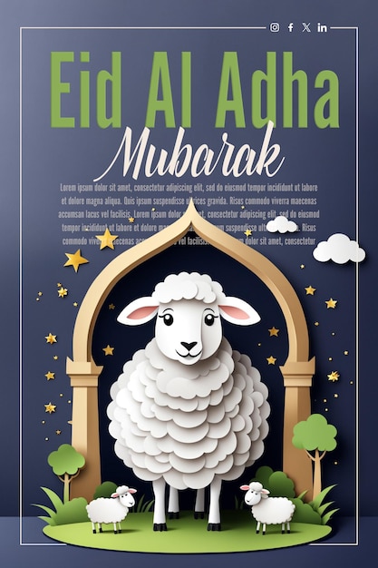 PSD un personnage de dessin animé de moutons, un style d'art sur papier psd, une affiche de félicitations pour l'aïd al-adha.