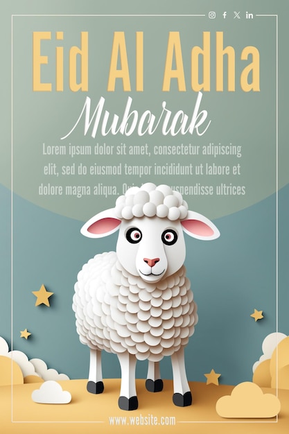 PSD un personnage de dessin animé de moutons, un style d'art sur papier psd, une affiche de félicitations pour l'aïd al-adha.