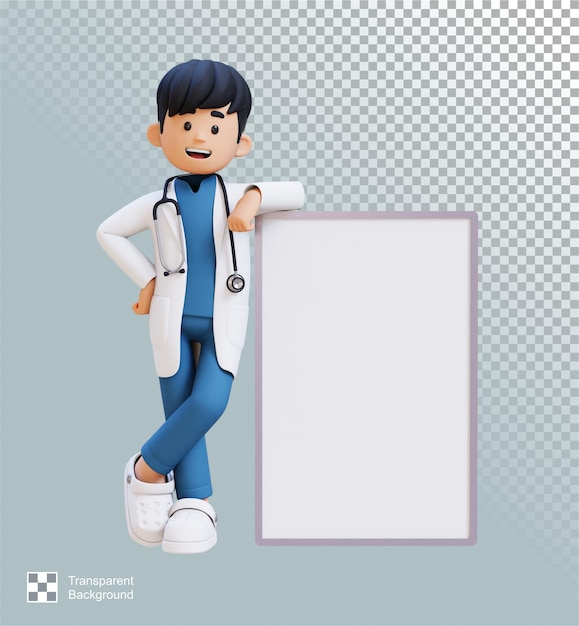 Personnage de docteur en 3D allongé sur une plaque blanche adaptée au contenu médical