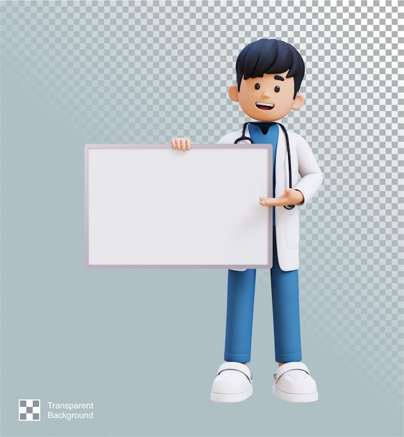 Personnage de docteur 3D tenant une plaque vide adaptée au contenu médical