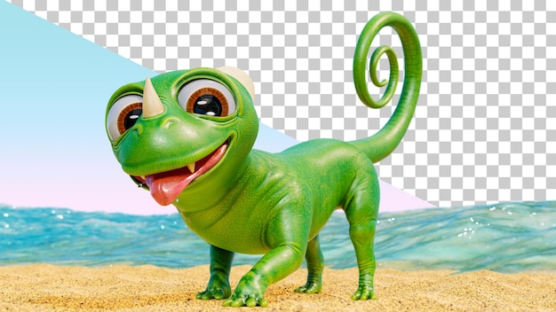 PSD personnage drôle lézard ou dinosaure gecko ou dragon mignon sur une plage tropicale personnage de fiction en 3d
