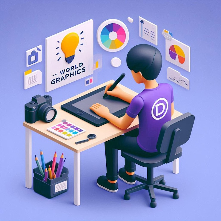 PSD le personnage du graphiste 3d et les icônes autour de lui