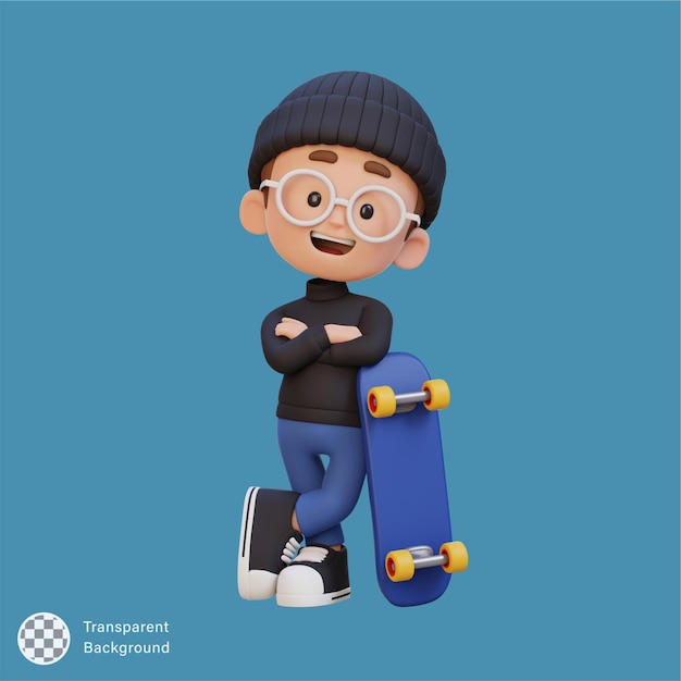 PSD un personnage d'enfant en 3d sur un skateboard