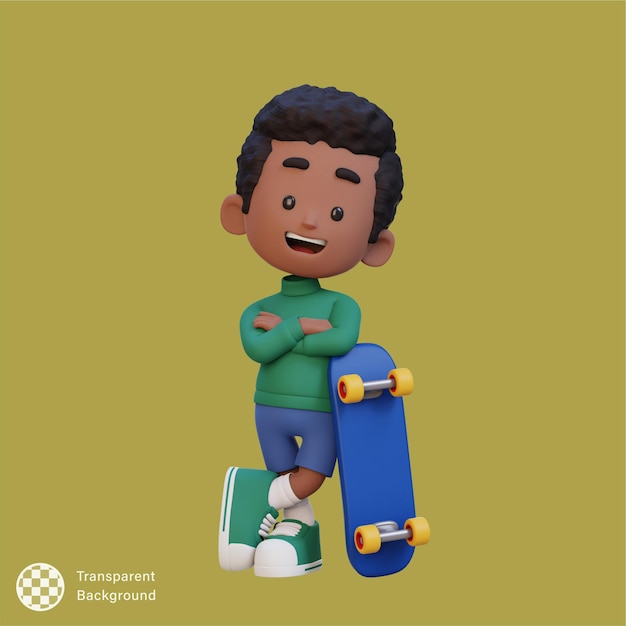 PSD un personnage d'enfant en 3d sur un skateboard