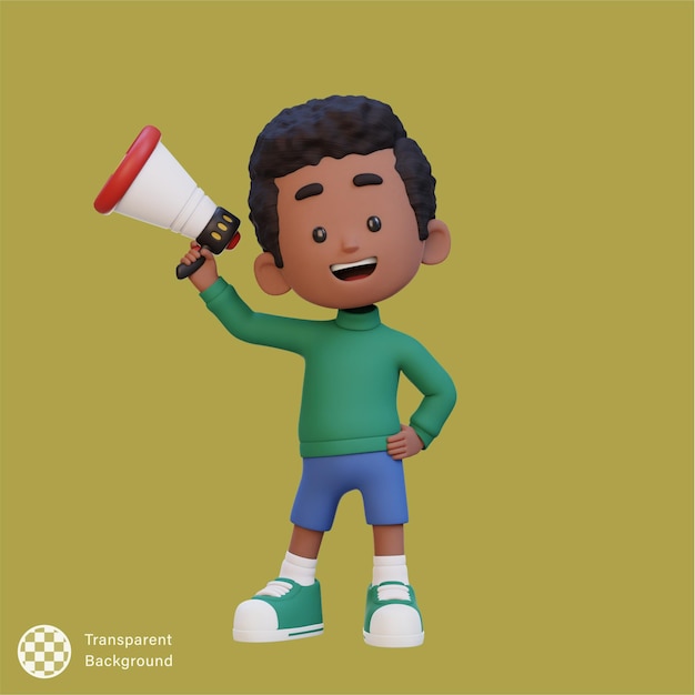 Personnage d'enfant mignon en 3D tenant un mégaphone