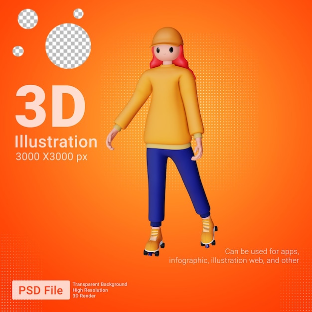 Personnage Féminin 3d Jouant Des Patins à Roulettes Vue De Face