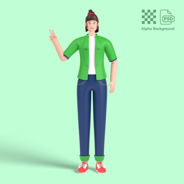 Personnage féminin 3d montrant les doigts faisant le signe de la victoire numéro deux
