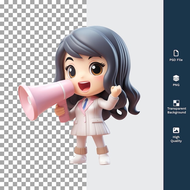 Personnage Féminin 3d Psd Tenant Un Mégaphone Avec Un Arrière-plan Transparent