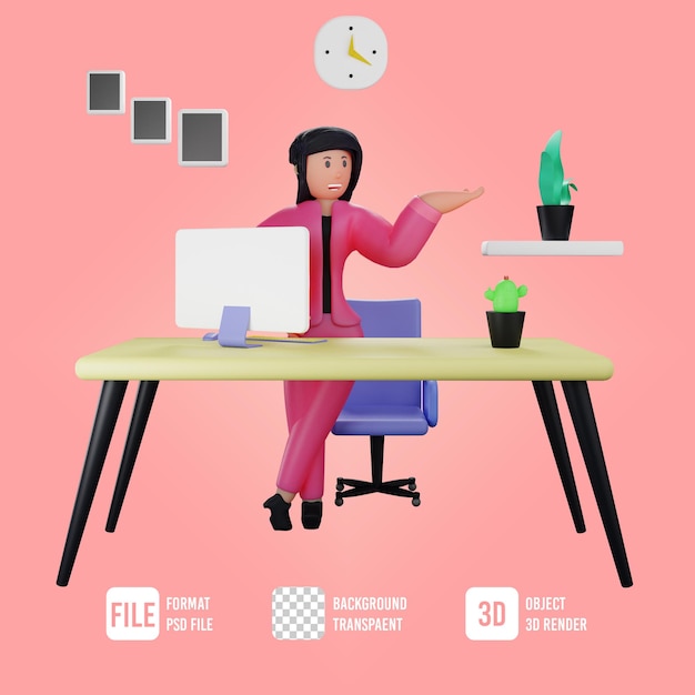 Personnage de femme d'affaires 3d tenant la pose dans la salle de bureau