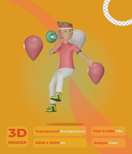 Personnage de la fête de l'indépendance indonésienne 3d tenir un ballon mégaphone avec un fond transparent