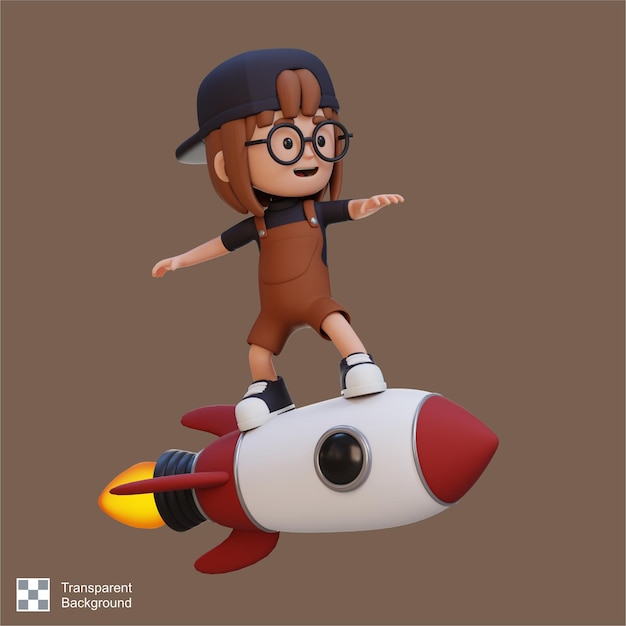 PSD un personnage de fille 3d debout sur une fusée