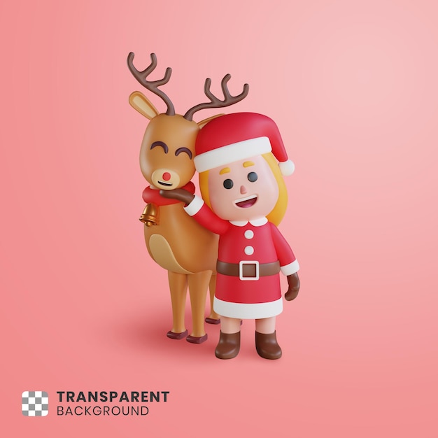 Personnage De Fille 3d Père Noël Avec Son Cerf