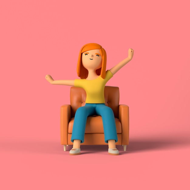 Personnage de fille 3D qui s'étend dans son fauteuil
