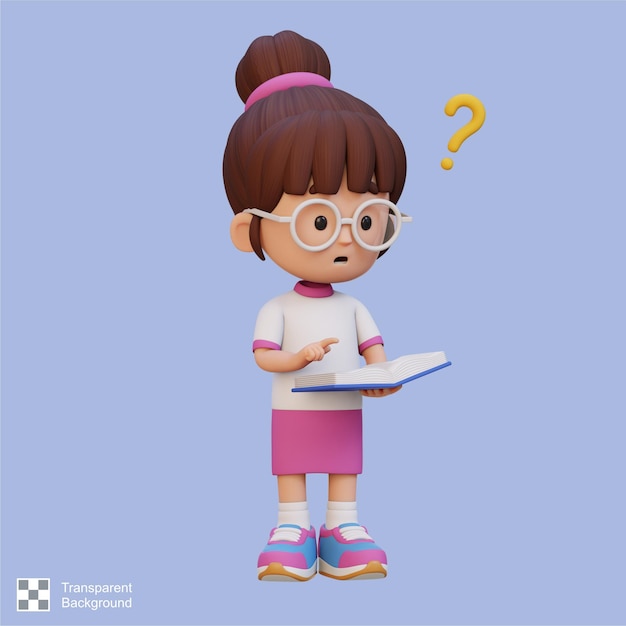 PSD le personnage de la fille en 3d se confond en lisant un livre.