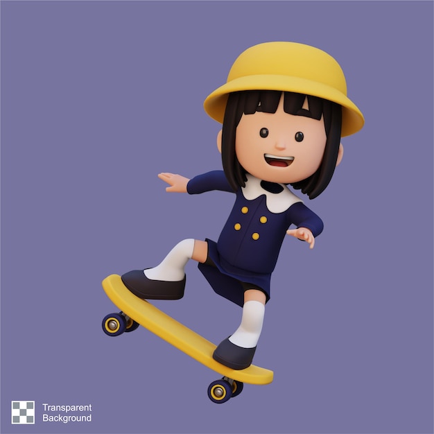 PSD un personnage de fille 3d sur un skateboard
