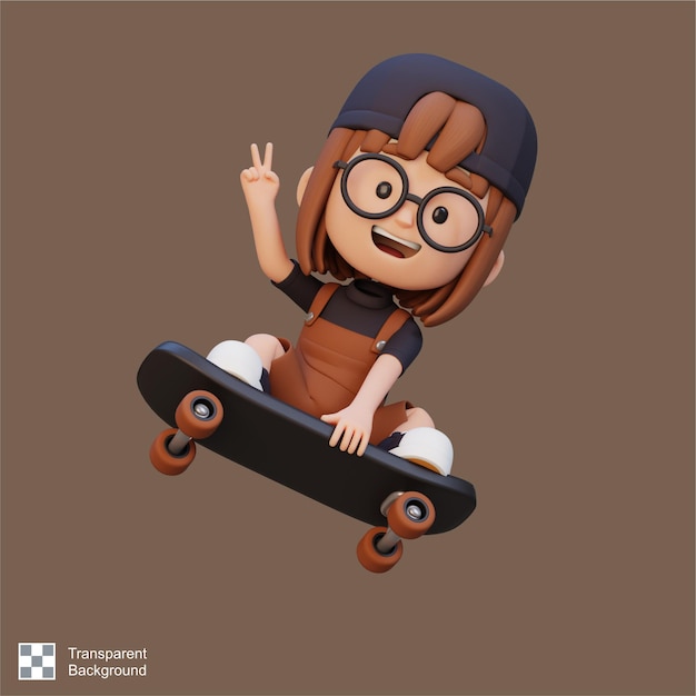 PSD un personnage de fille 3d sur un skateboard