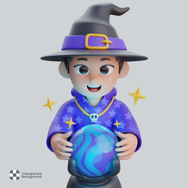 PSD personnage de garçon en costume de magicien avec boule magique halloween party celebration illustration 3d